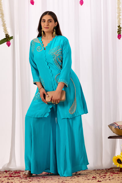Turquoise Blue Pure Crepe Handwork Co-ord Set #1899