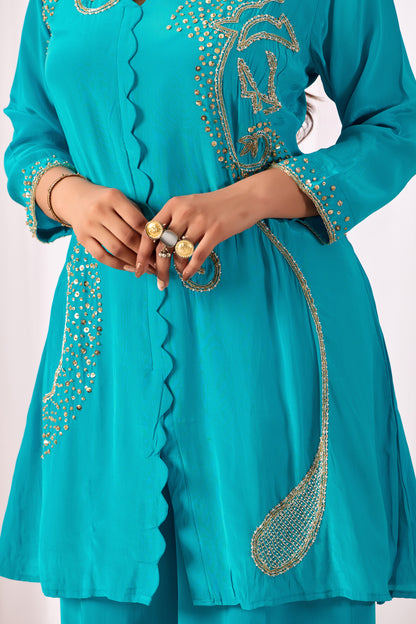 Turquoise Blue Pure Crepe Handwork Co-ord Set #1899
