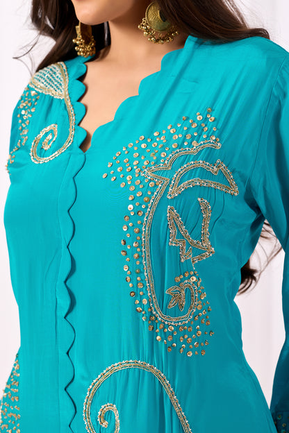 Turquoise Blue Pure Crepe Handwork Co-ord Set #1899