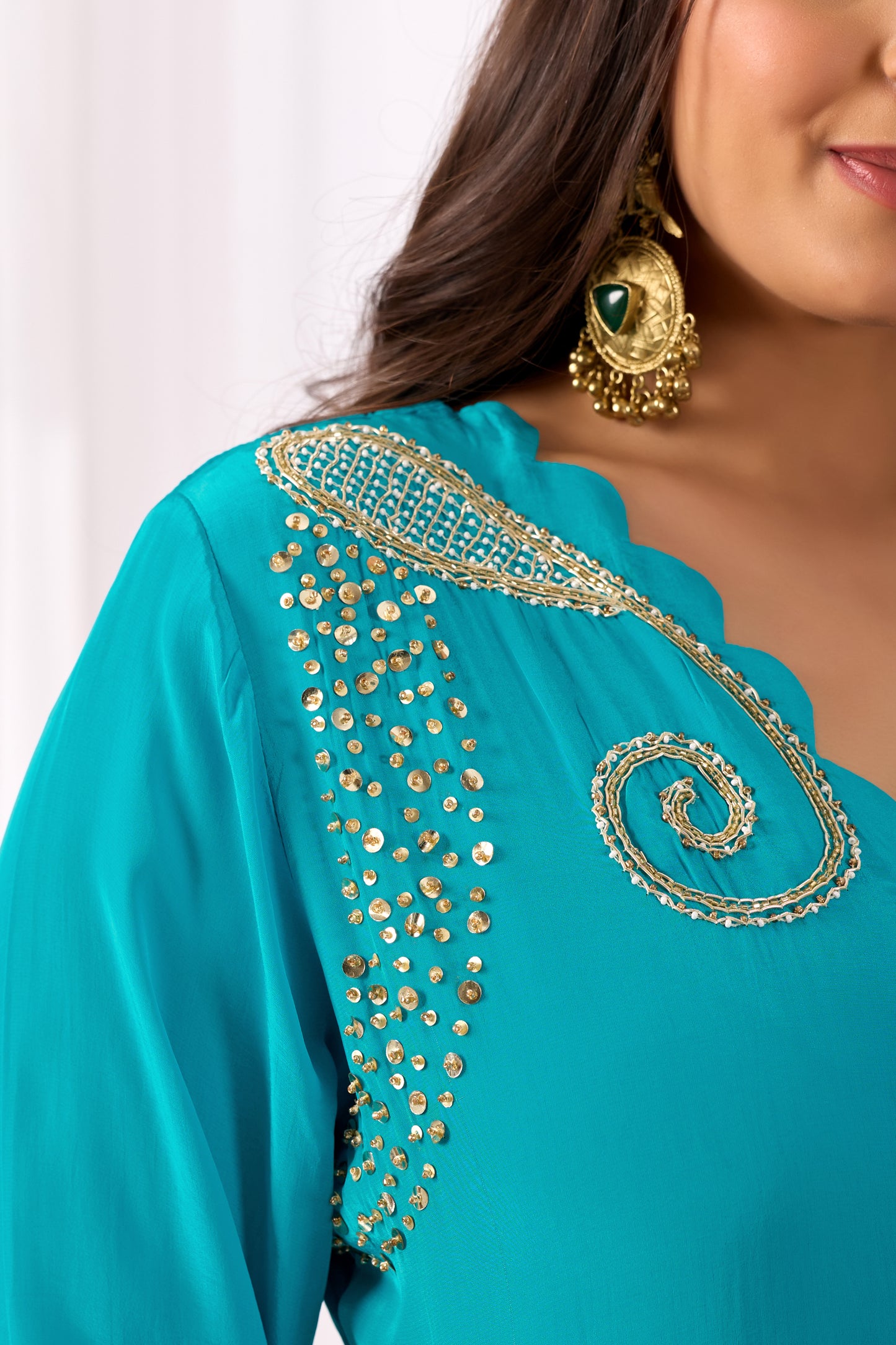 Turquoise Blue Pure Crepe Handwork Co-ord Set #1899