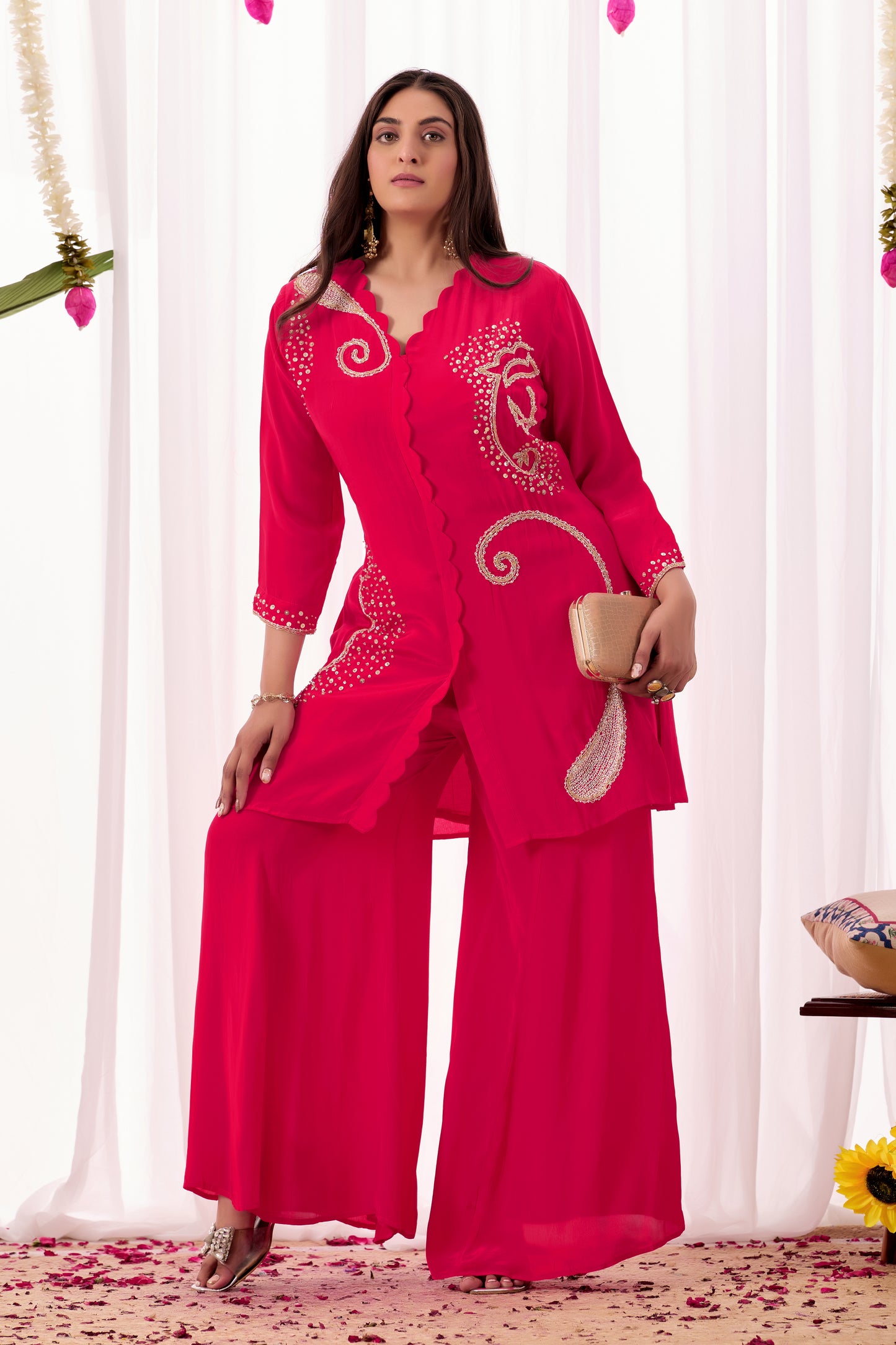 Hot Pink Pure Crepe Handwork Co-ord Set #1898