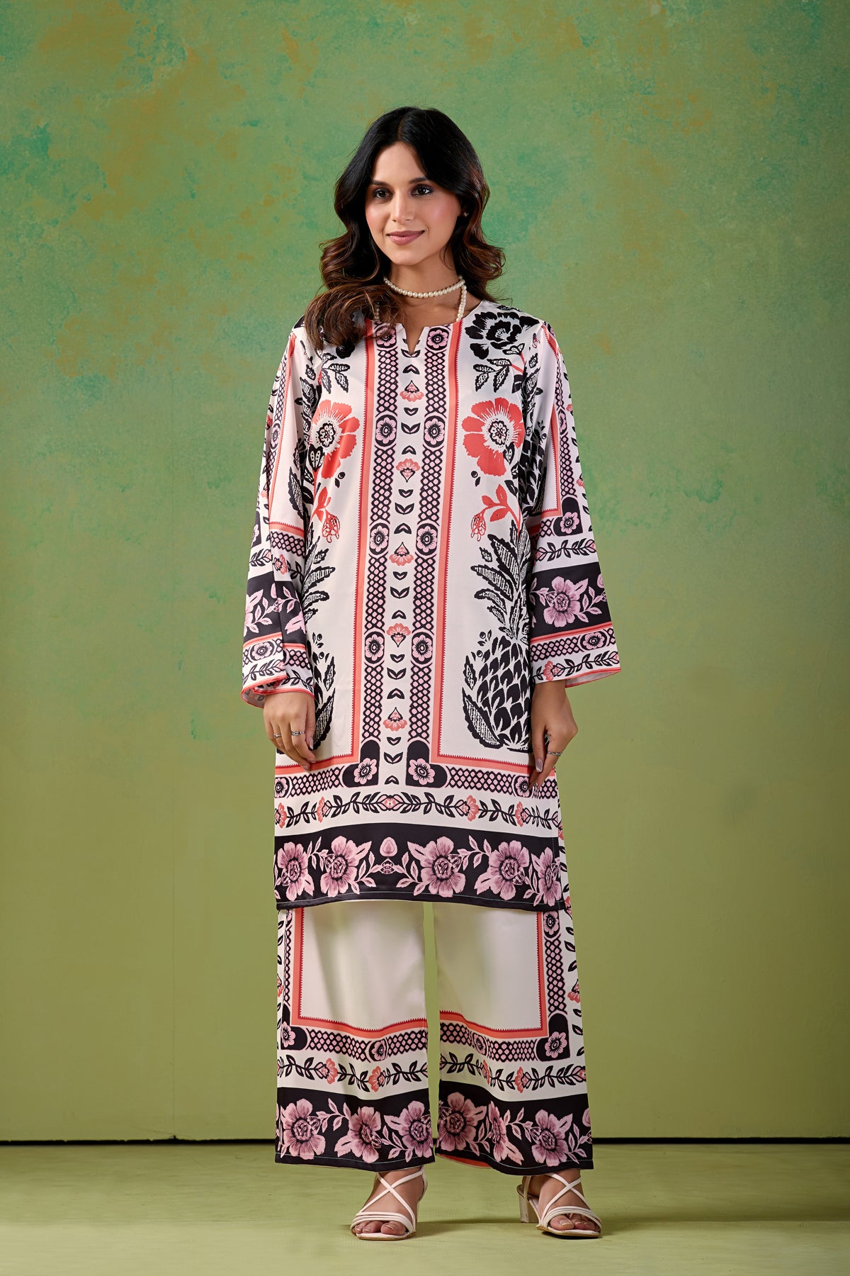 Ivory base with Coral-Orange Turkish  Co - Ord Set #1939