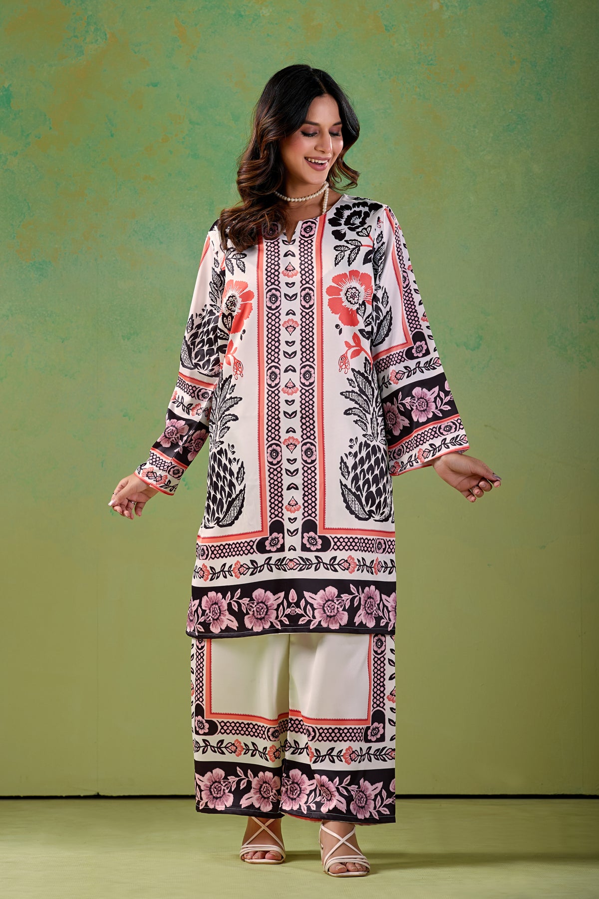 Ivory base with Coral-Orange Turkish  Co - Ord Set #1939