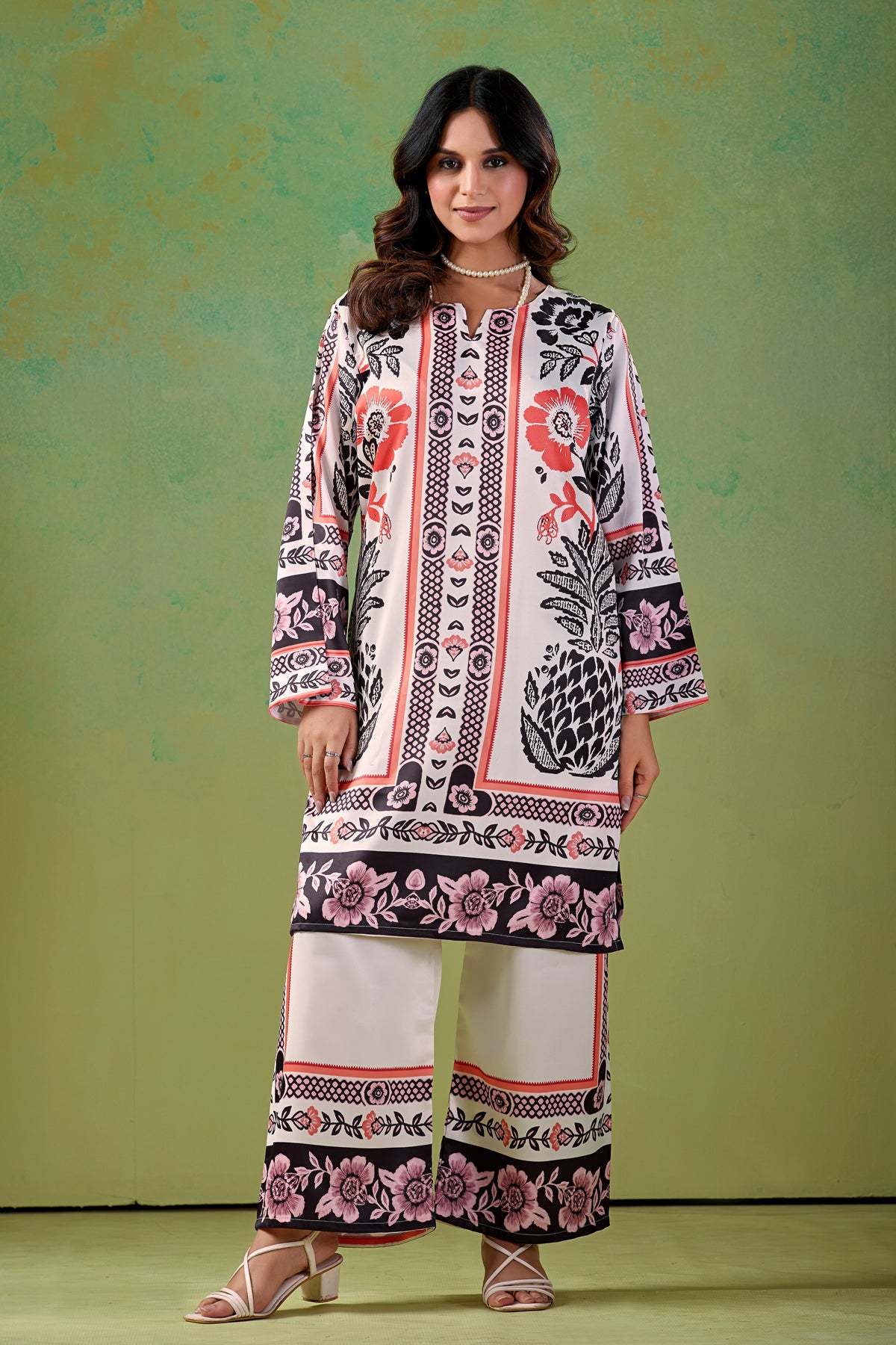 Ivory base with Coral-Orange Turkish  Co - Ord Set #1939