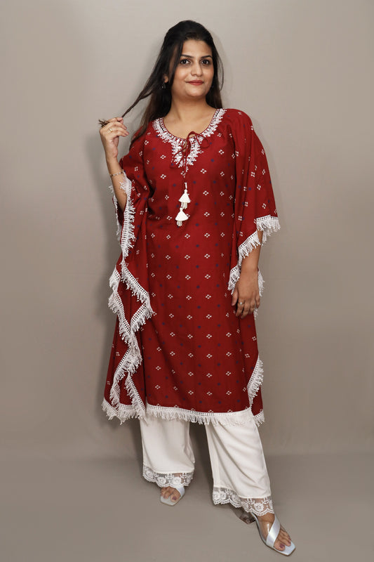 Maroon Bandhani Print Kaftan Set #1521