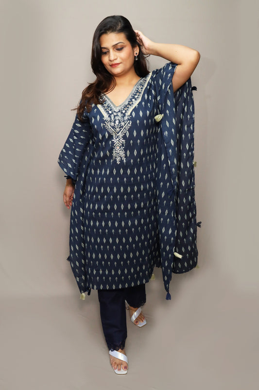 Navy Blue Ikat Print Kaftan Set #1548
