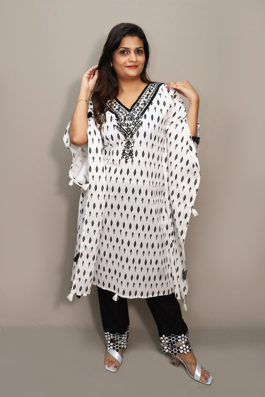 White Ikat Print Kaftan Set #1550