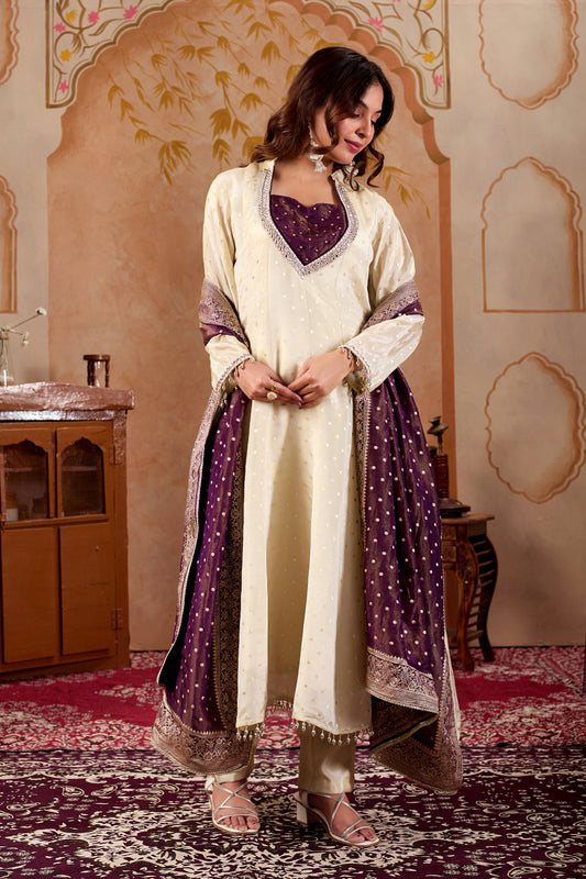 Ivory &  Purple Tissue Shimmer Anarkali Suit Set #1933