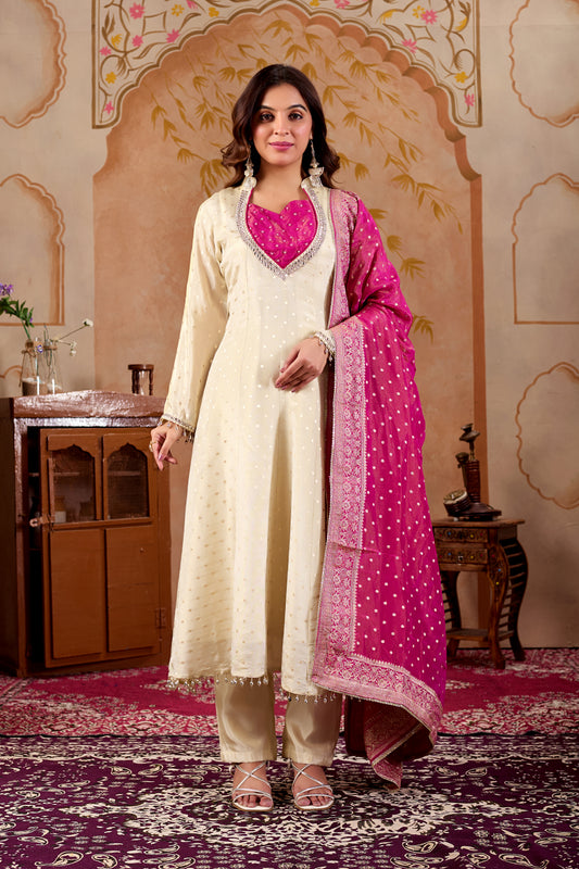 Ivory & Pink Tissue Shimmer Anarkali Suit Set #1932