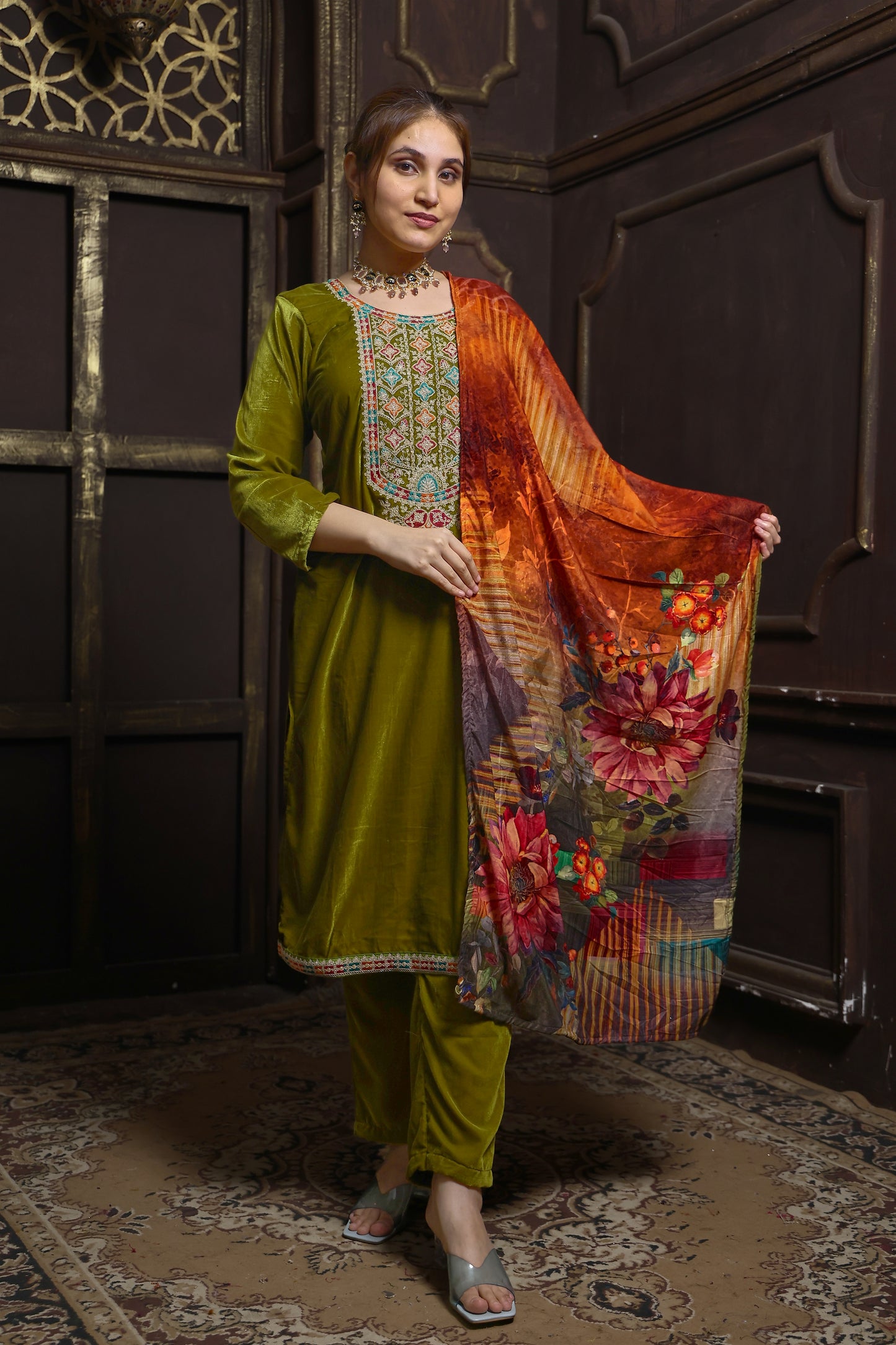 Olive Green Designer Velvet Suit #1727