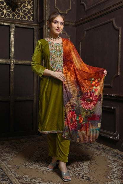 Olive Green Designer Velvet Suit #1727