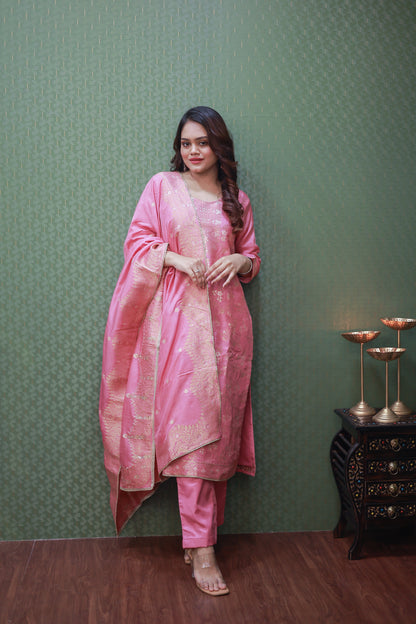 Pink Banarasi Zari Woven Suit Set with Full Dupatta #1621