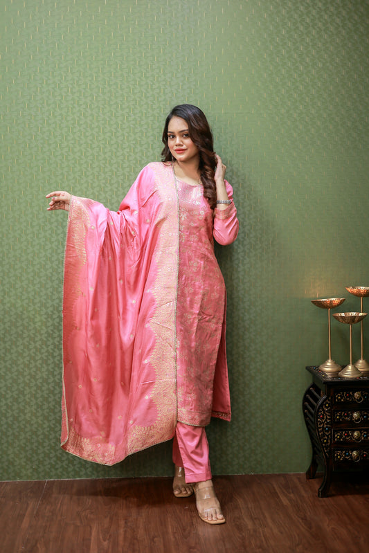 Pink Banarasi Zari Woven Suit Set with Full Dupatta #1621