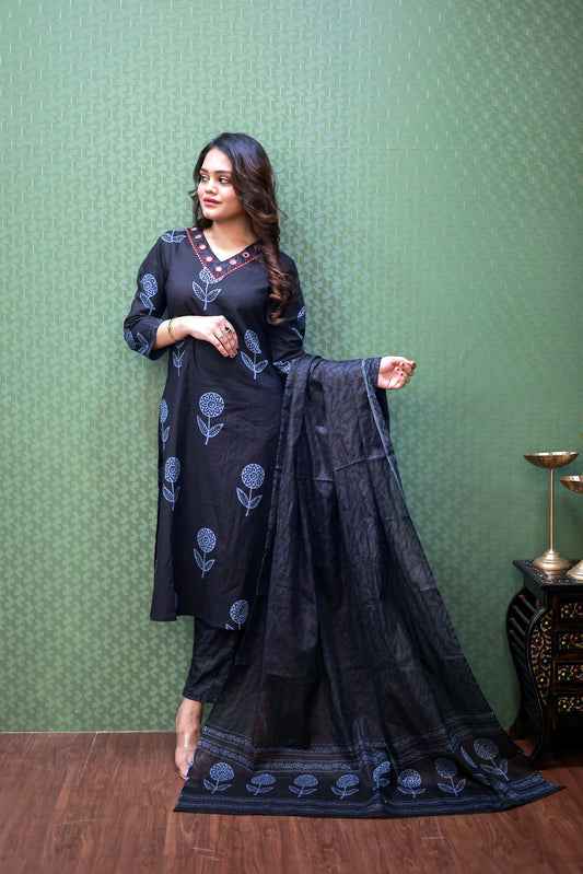 Black Pure Cotton Floral Suit Set #1755