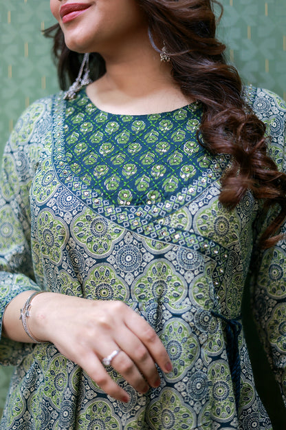 Green Floral Cotton Angrakha Anarkali Set #1757