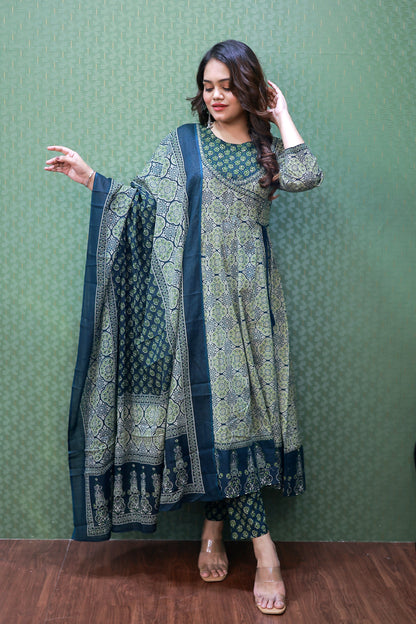 Green Floral Cotton Angrakha Anarkali Set #1757