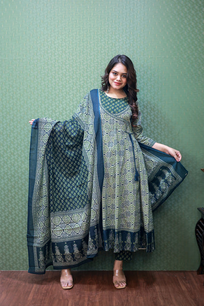 Green Floral Cotton Angrakha Anarkali Set #1757