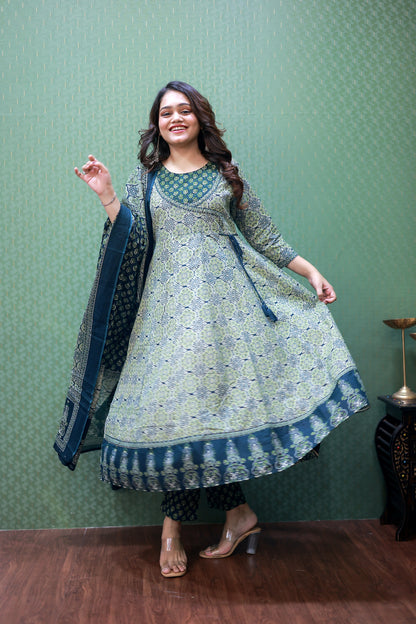 Green Floral Cotton Angrakha Anarkali Set #1757