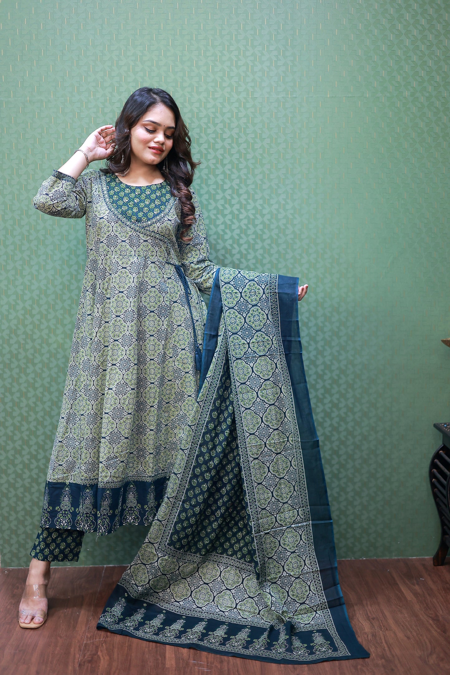 Green Floral Cotton Angrakha Anarkali Set #1757