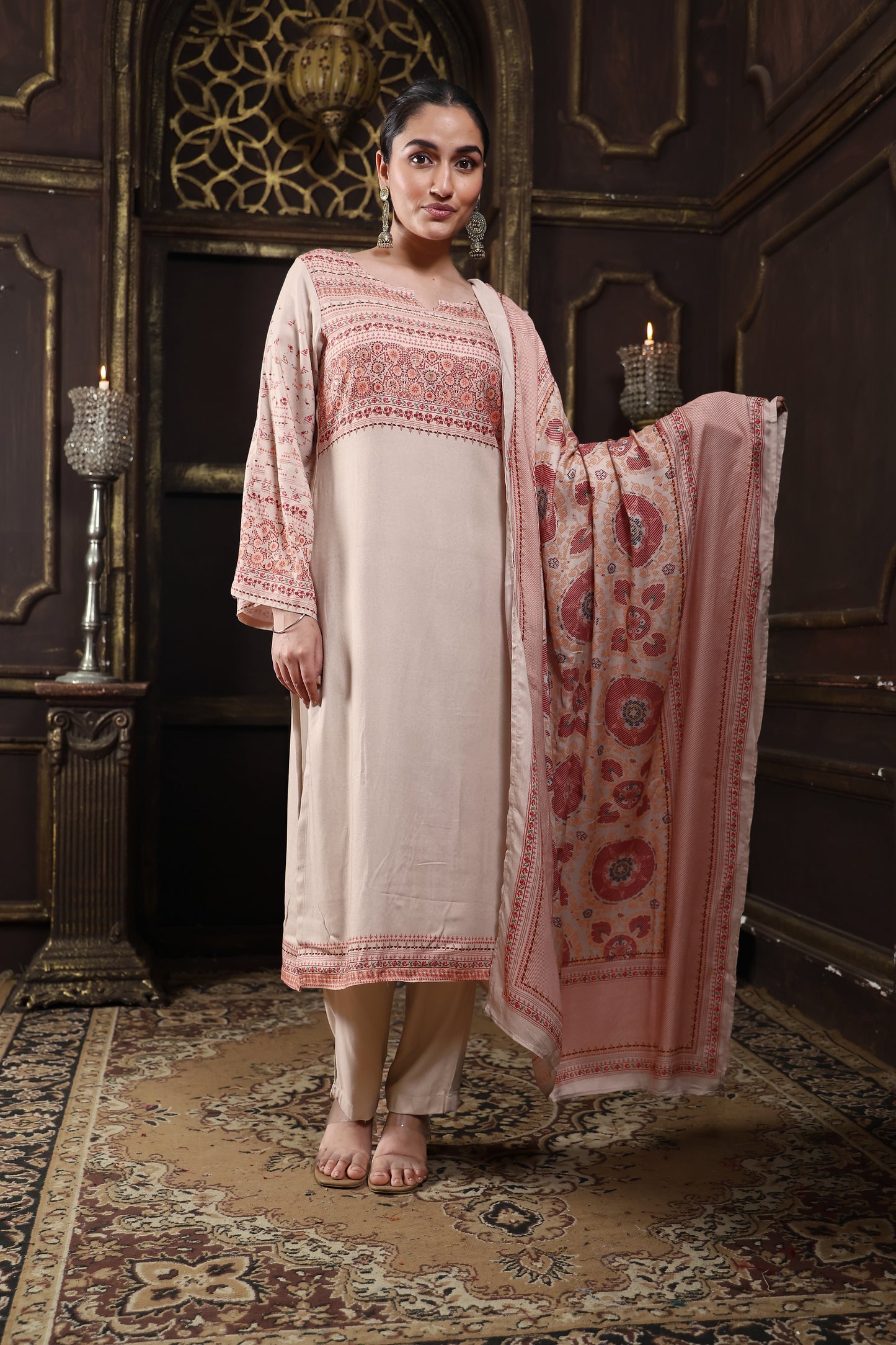 Beige Pure Viscous Pashmina Suit #1722