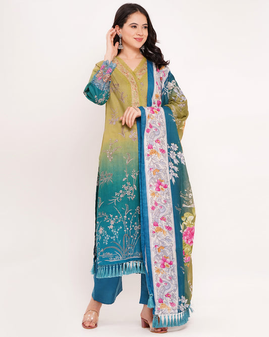 Green & Teal Ombre Pakistani Lawn Cotton Suit #1820