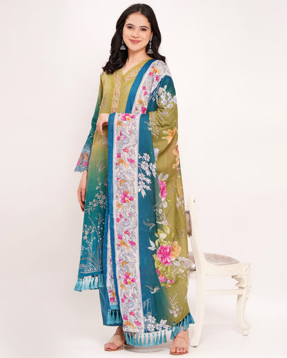 Green & Teal Ombre Pakistani Lawn Cotton Suit #1820