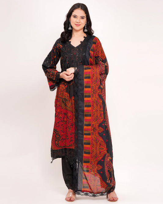 Black & Maroon Pakistani Lawn Cotton Suit Set #1833