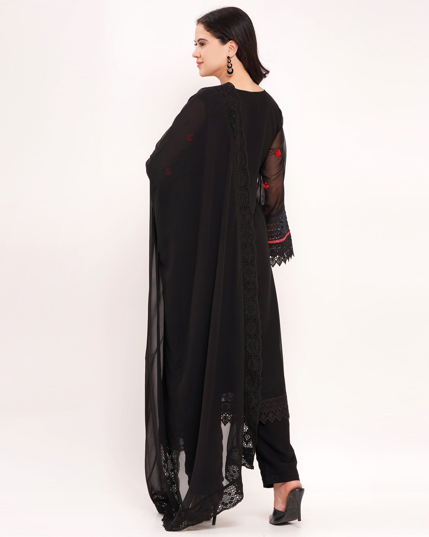 Black Georgette Suit Set with Red Embroidery & Mirror Work #1810