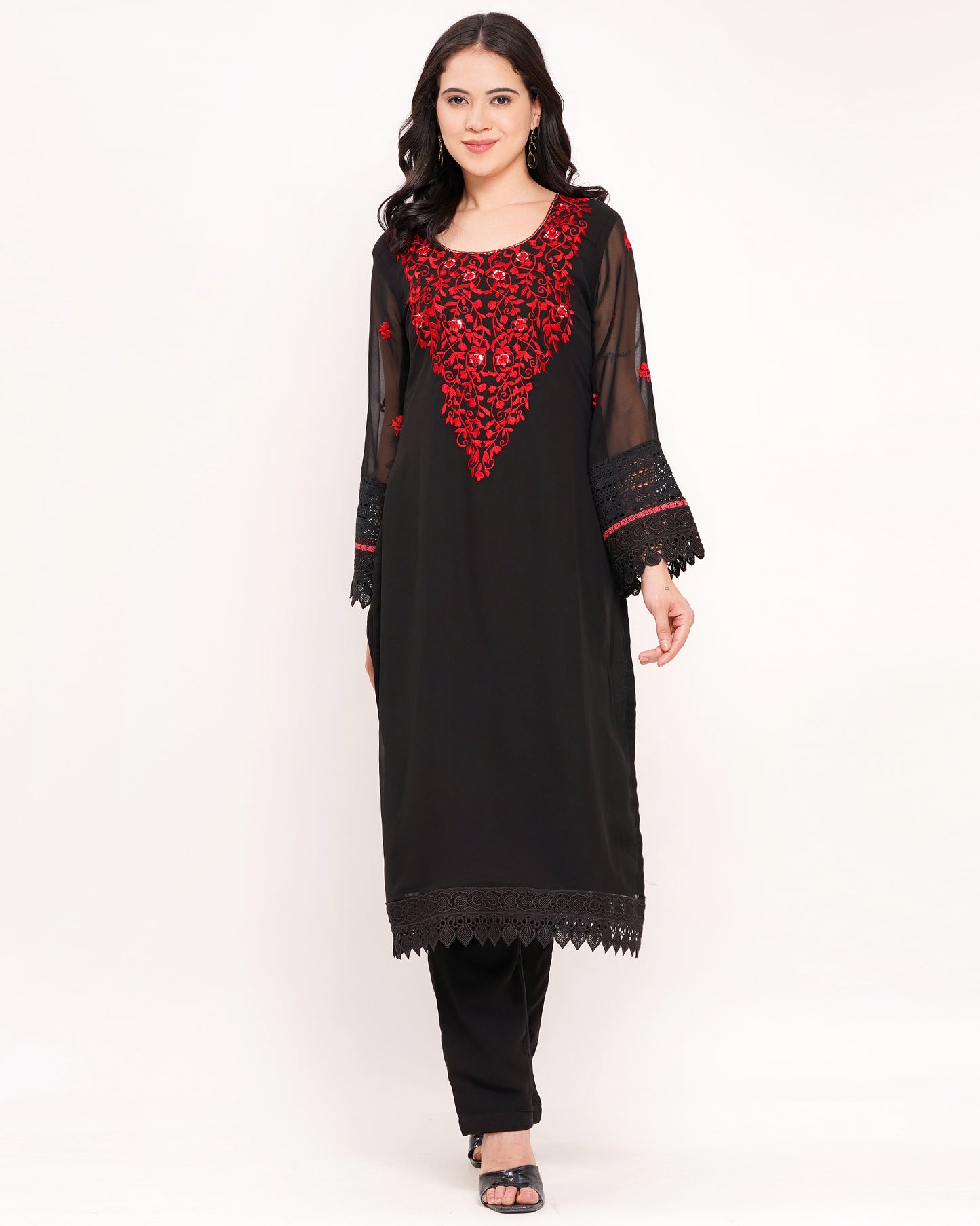 Black Georgette Suit Set with Red Embroidery & Mirror Work #1810