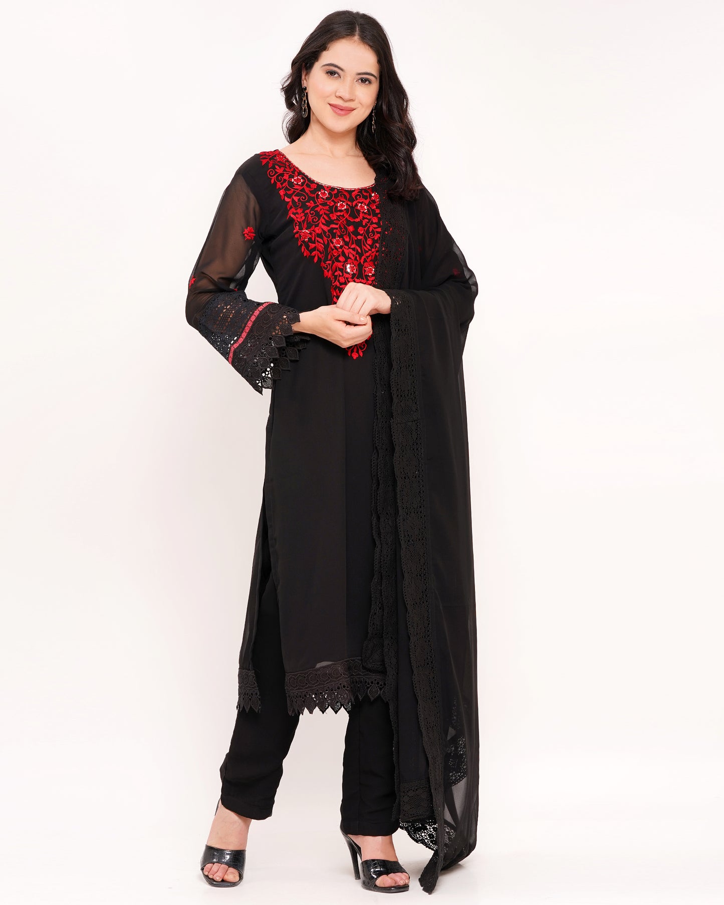 Black Georgette Suit Set with Red Embroidery & Mirror Work #1810