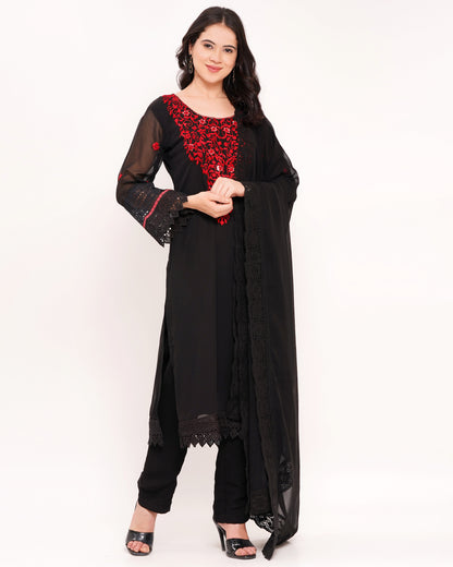 Black Georgette Suit Set with Red Embroidery & Mirror Work #1810