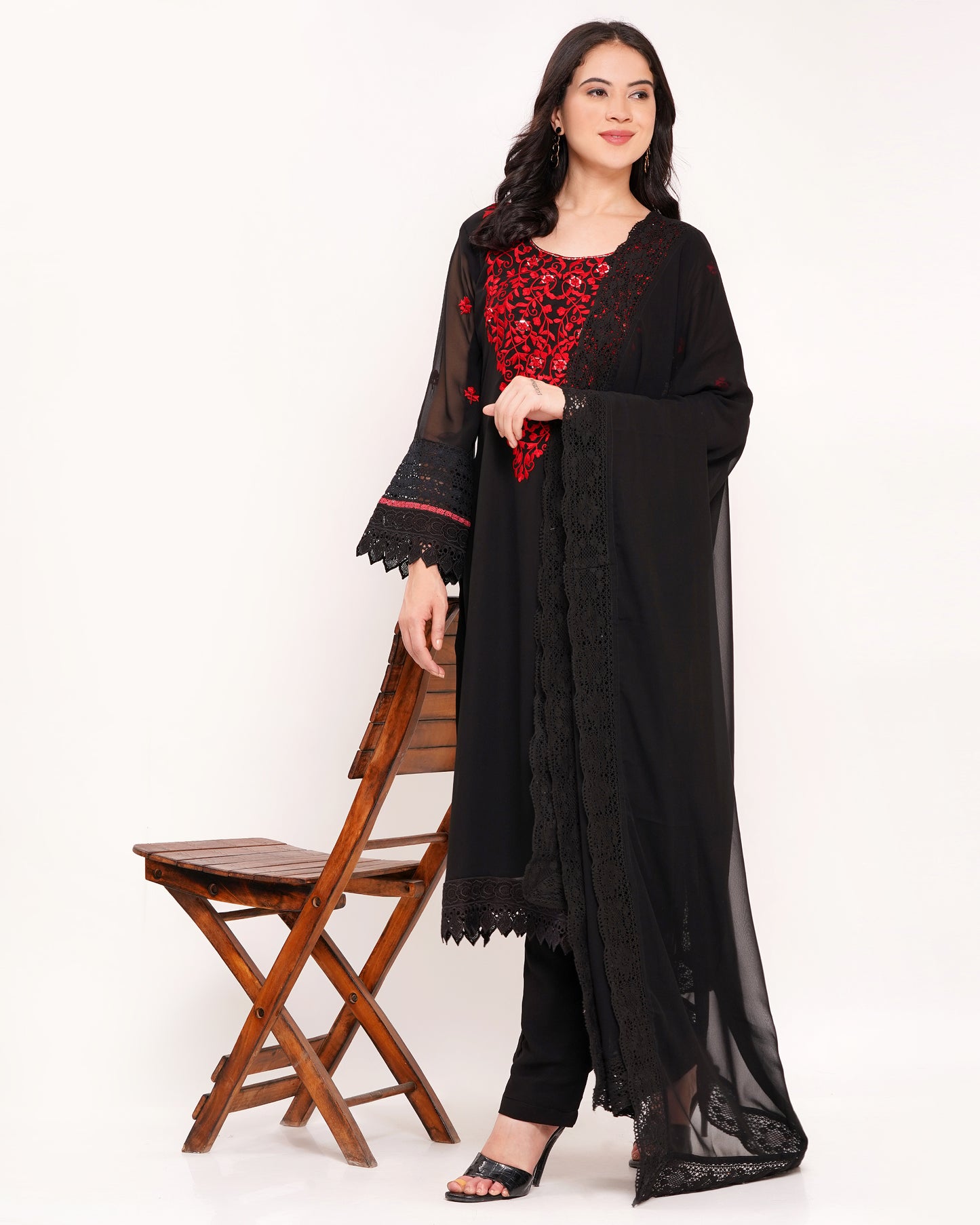 Black Georgette Suit Set with Red Embroidery & Mirror Work #1810