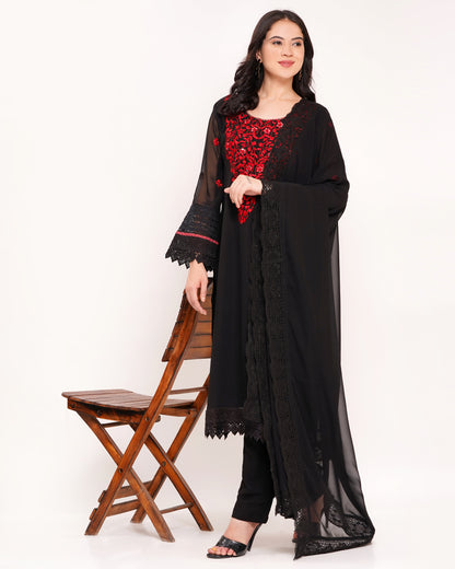 Black Georgette Suit Set with Red Embroidery & Mirror Work #1810