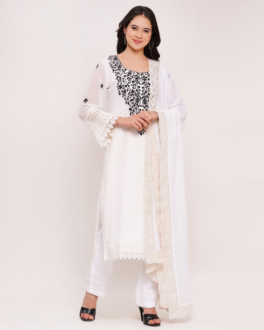 White Georgette Embroidered Suit Set with Dupatta #1811