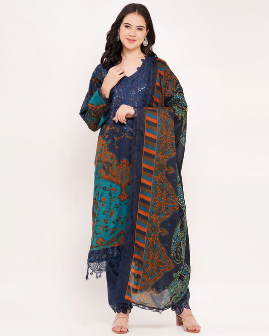 Teal & Navy Blue Pakistani Lawn Cotton Suit Set #1832