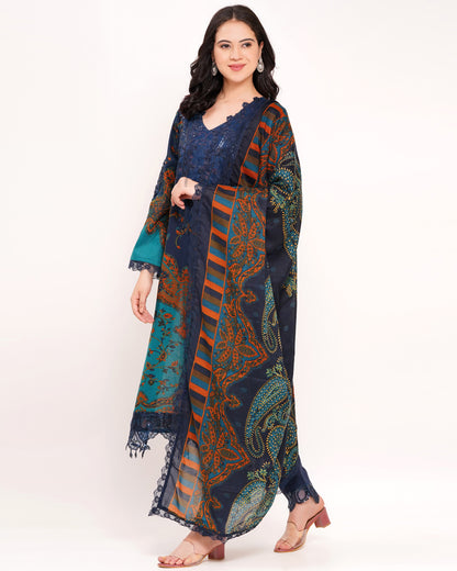 Teal & Navy Blue Pakistani Lawn Cotton Suit Set #1832