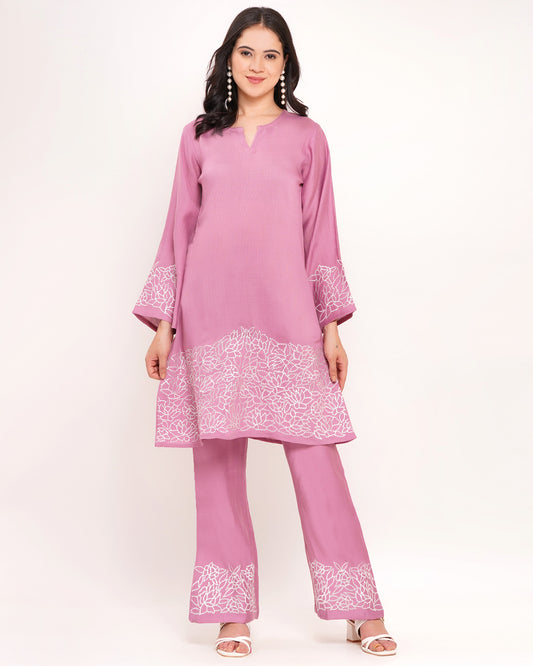 Lavender Premium Slub Cotton Co-Ord Set with Floral Embroidery (1846)