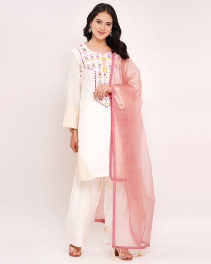 Off-White Roman Silk Suit with Pink Organza Dupatta #1384