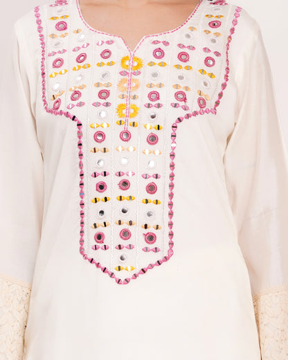 Off-White Roman Silk Suit with Pink Organza Dupatta #1384
