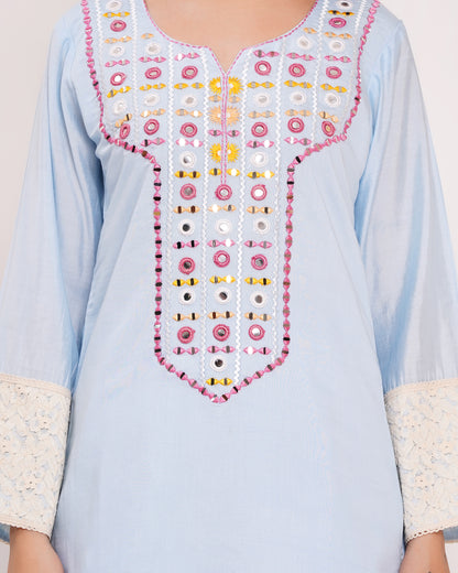 Blue Roman Silk Suit Set with Organza Dupatta #1849