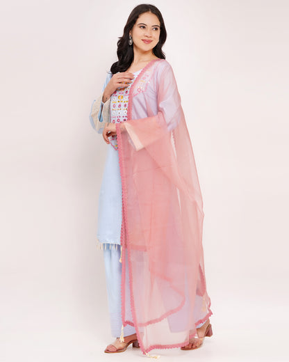 Blue Roman Silk Suit Set with Organza Dupatta #1849