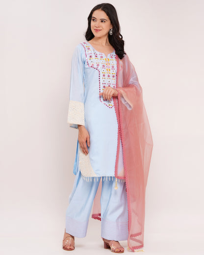 Blue Roman Silk Suit Set with Organza Dupatta #1849