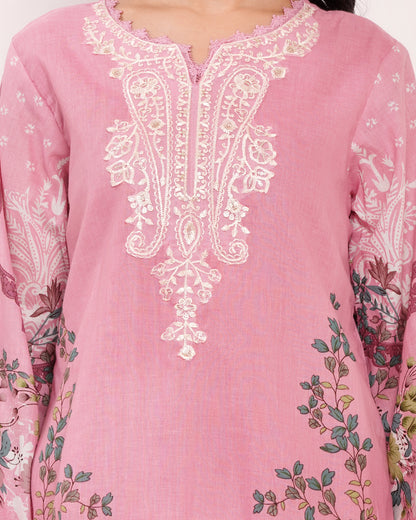 Pink Pakistani Lawn Cotton Suit Set with Embroidered Neckline (1821)