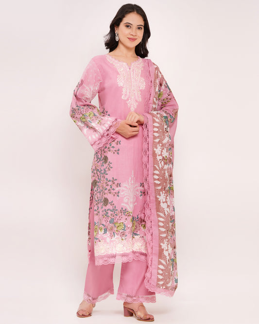Pink Pakistani Lawn Cotton Suit Set with Embroidered Neckline (1821)