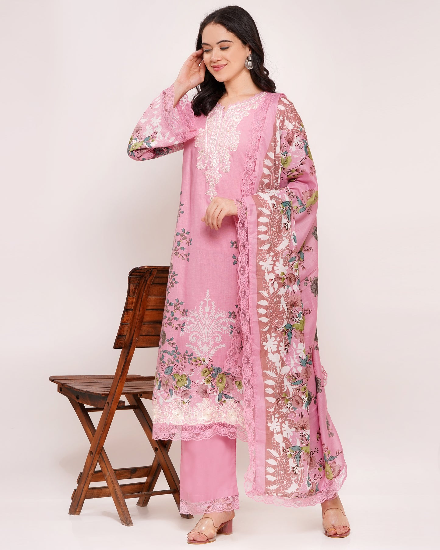 Pink Pakistani Lawn Cotton Suit Set with Embroidered Neckline (1821)