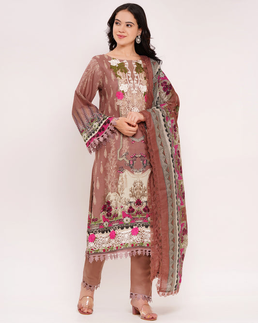 Brown Pakistani Lawn Cotton Suit Set with Half Lining (1847)