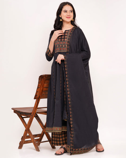 Black Pure Cotton Embroidered Anarkali Suit Set (1834)