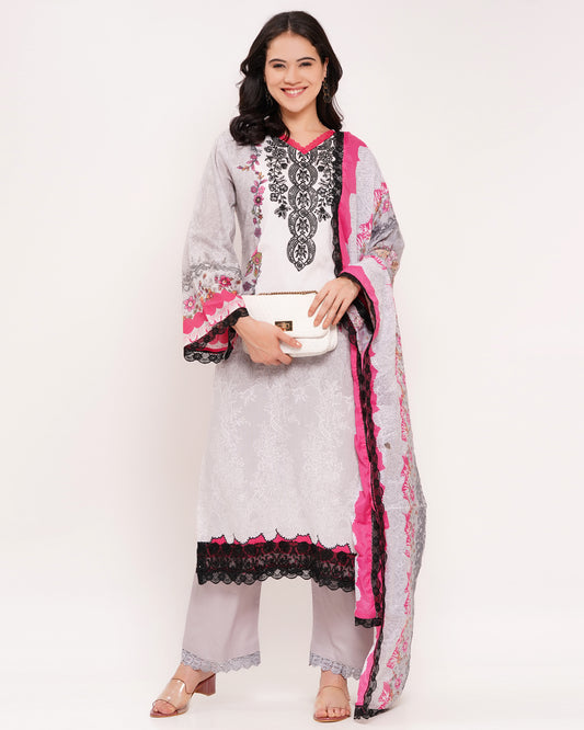Grey Pakistani Lawn Cotton Suit Suit With Half-Lined (1841)