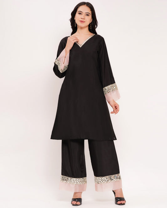 Women's Black Roman Silk Co-Ord Set with Mirror Work #1384