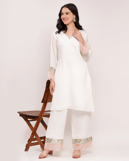 Off-White Roman Silk Co-Ord Set with Mirror Work #1385